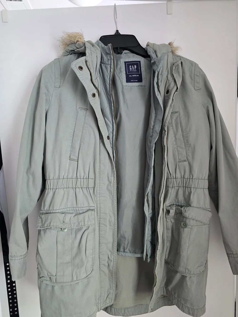 GAP Kids Sage Green Hooded Field Jacket with Faux-Fur Trim